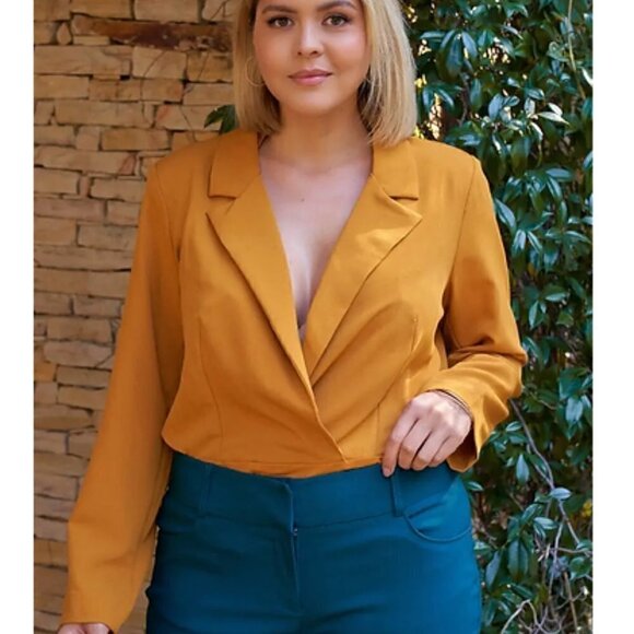 Tasha Apparel Women’s Mustard Yellow Blazer Bodysuit - Picture 2 of 3